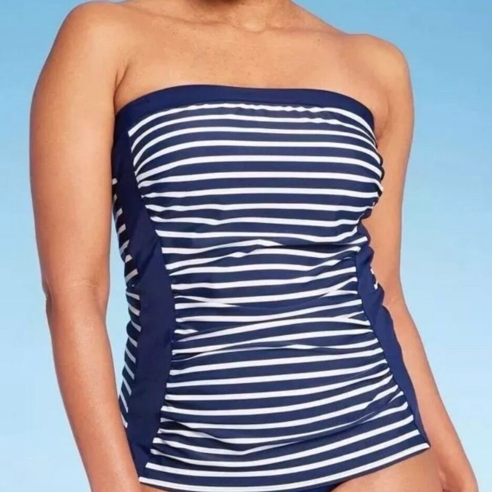 NWT Lands End Bandeau Tankini Top Deep Sea Navy Stripe Removable Straps Size 16